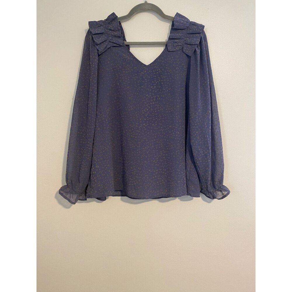 Entro Womens Blue & Gold Long Sleeve Blouse Ruffle Detail Size L Artsy Career